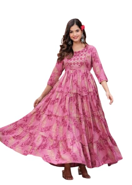 Beautiful Trending & Pretty Long Pink Gown with Beautiful Front Mirror Embroidery and Floral Print for Women's and Girls