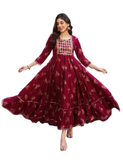 Beautiful Trending & Pretty Long Pink Gown with Beautiful Front Mirror Embroidery and Floral Print for Women's and Girls