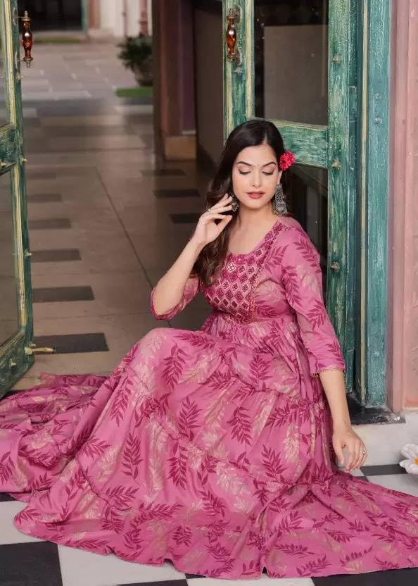 Beautiful Trending & Pretty Long Pink Gown with Beautiful Front Mirror Embroidery and Floral Print for Women's and Girls