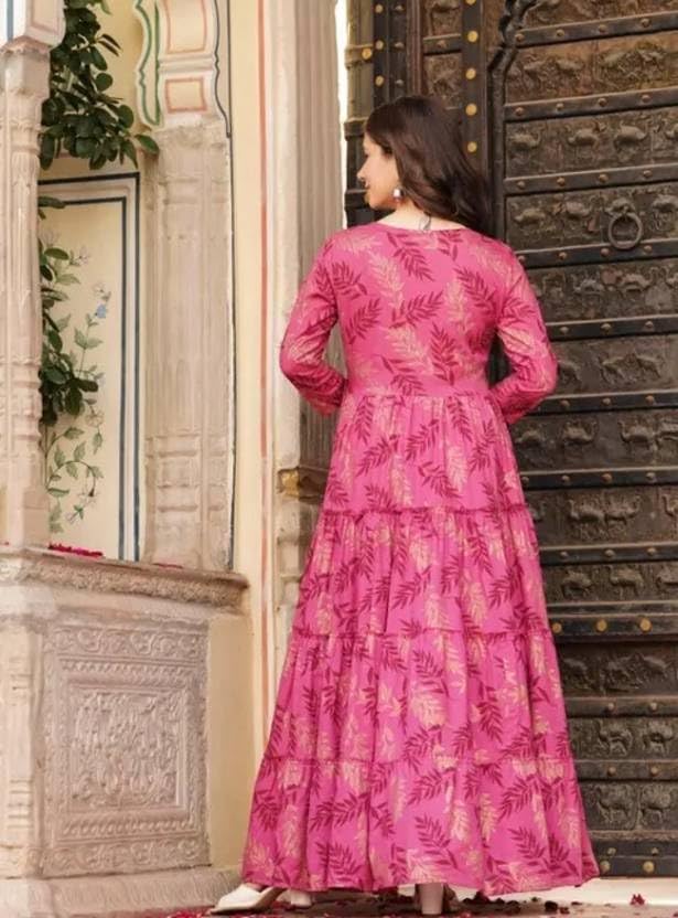 Beautiful Trending & Pretty Long Pink Gown with Beautiful Front Mirror Embroidery and Floral Print for Women's and Girls