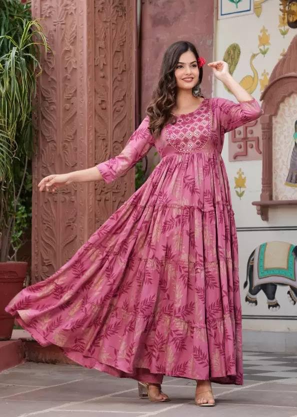 Beautiful Trending & Pretty Long Pink Gown with Beautiful Front Mirror Embroidery and Floral Print for Women's and Girls