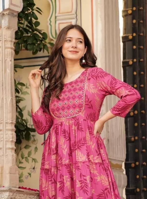 Beautiful Trending & Pretty Long Pink Gown with Beautiful Front Mirror Embroidery and Floral Print for Women's and Girls