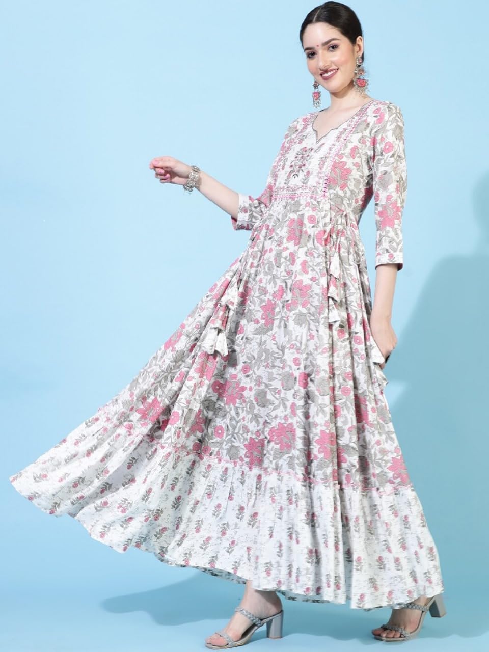 Beautiful Trending & Pretty Long Pink Gown with Beautiful Front Mirror Embroidery and Floral Print for Women's and Girls