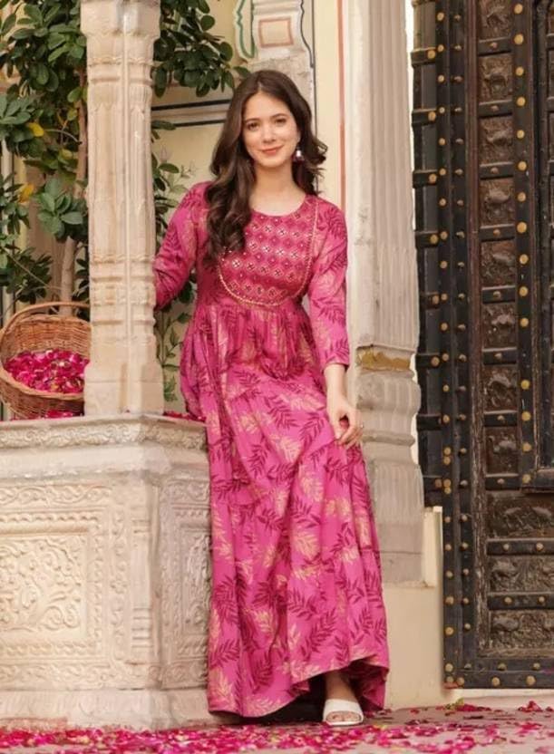 Beautiful Trending & Pretty Long Pink Gown with Beautiful Front Mirror Embroidery and Floral Print for Women's and Girls