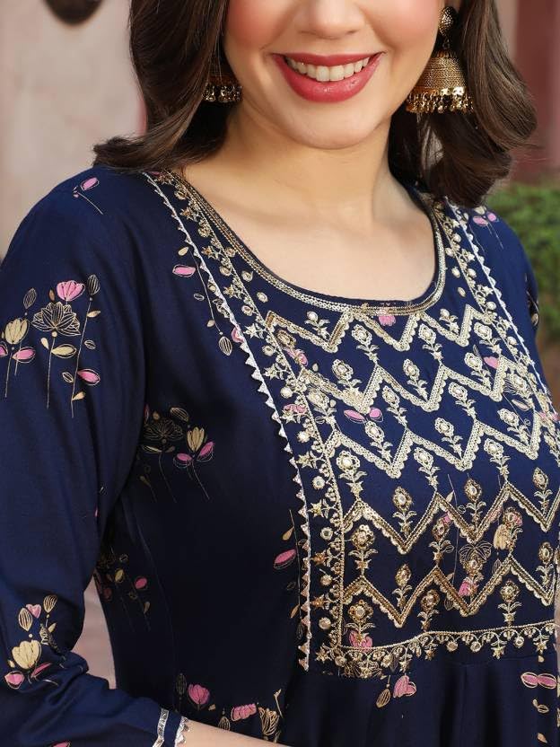 Beautiful Trending & Pretty Long Pink Gown with Beautiful Front Mirror Embroidery and Floral Print for Women's and Girls