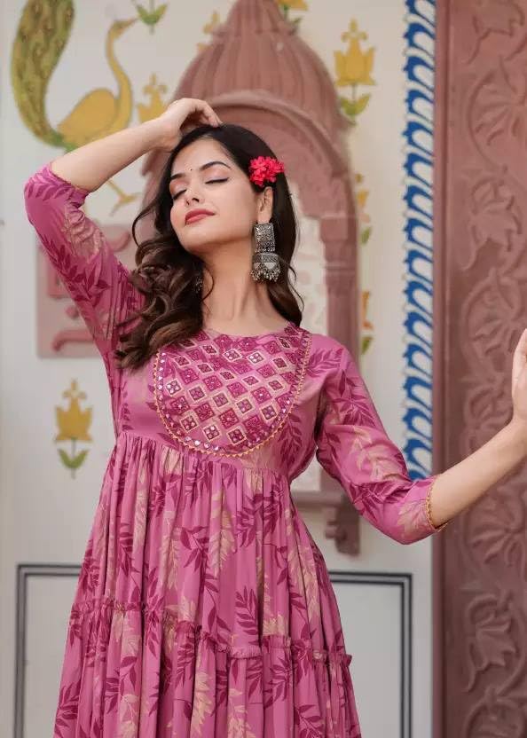 Beautiful Trending & Pretty Long Pink Gown with Beautiful Front Mirror Embroidery and Floral Print for Women's and Girls
