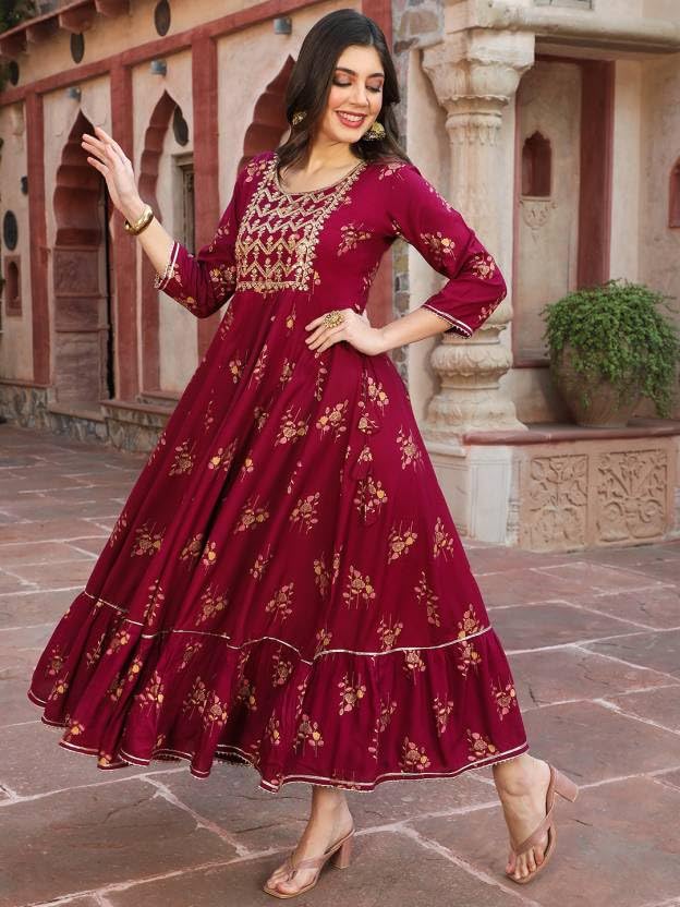 Beautiful Trending & Pretty Long Pink Gown with Beautiful Front Mirror Embroidery and Floral Print for Women's and Girls