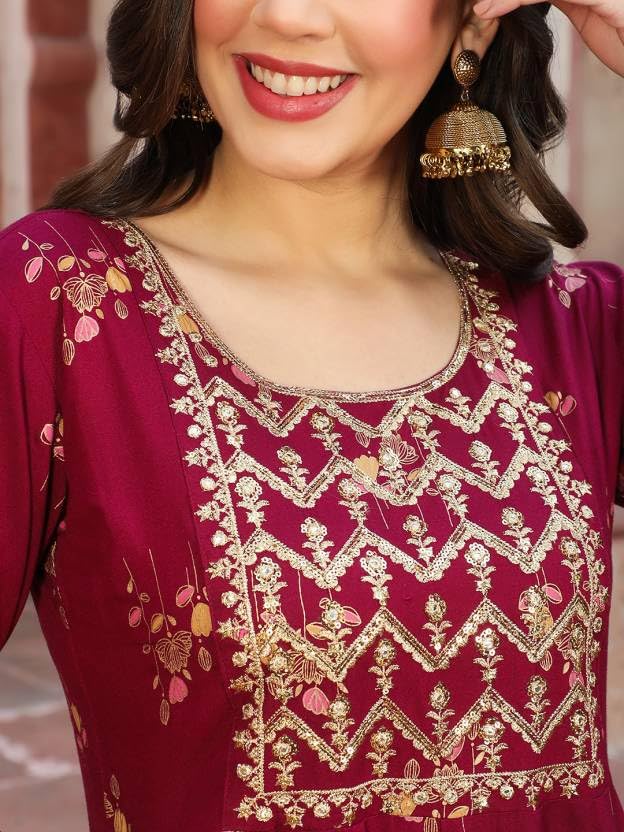 Beautiful Trending & Pretty Long Pink Gown with Beautiful Front Mirror Embroidery and Floral Print for Women's and Girls