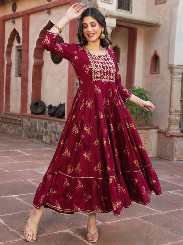 Beautiful Trending & Pretty Long Pink Gown with Beautiful Front Mirror Embroidery and Floral Print for Women's and Girls