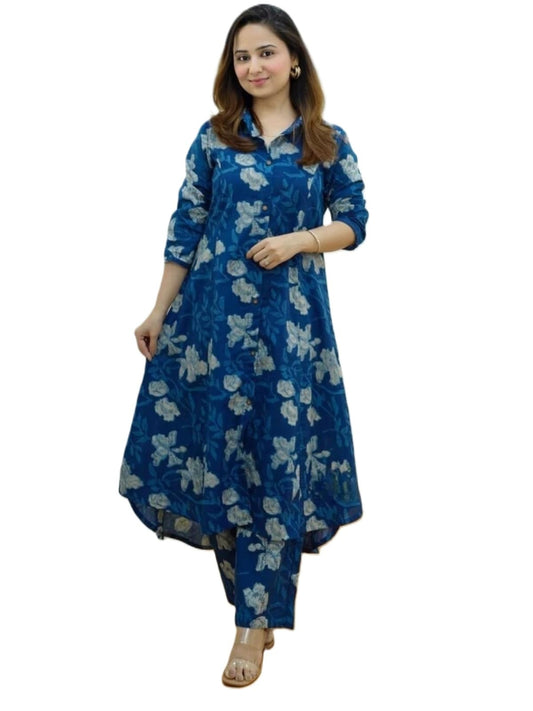 DHRUVI TRENDZ Anarkali Kurta-Set for Women – Cotton Printed Kurta & Straight Pant | Festive Indian Traditional Outfit for Functions & Puja