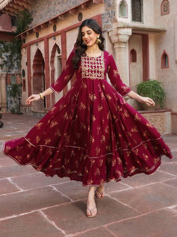 Beautiful Trending & Pretty Long Pink Gown with Beautiful Front Mirror Embroidery and Floral Print for Women's and Girls