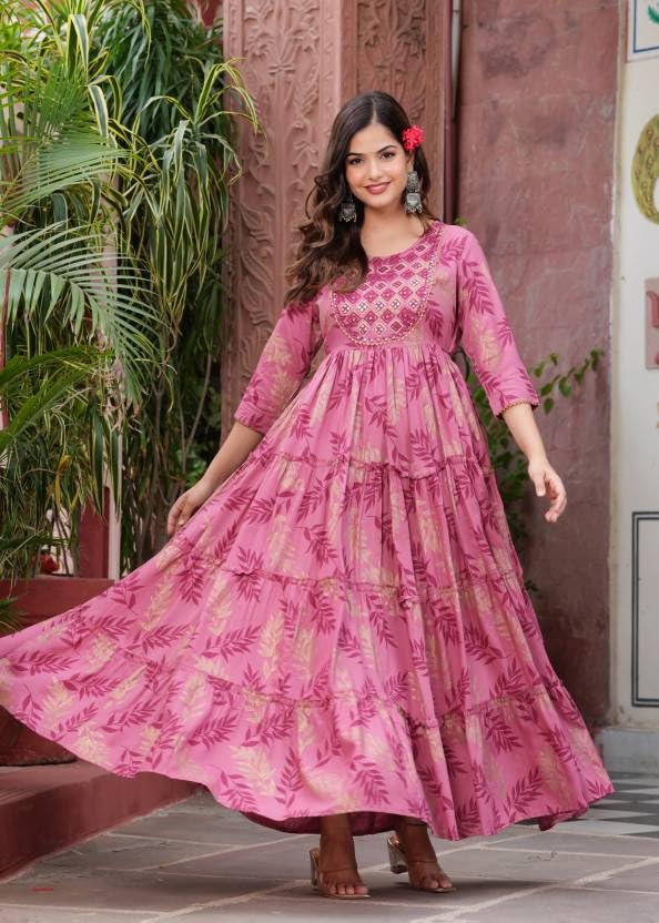 Beautiful Trending & Pretty Long Pink Gown with Beautiful Front Mirror Embroidery and Floral Print for Women's and Girls