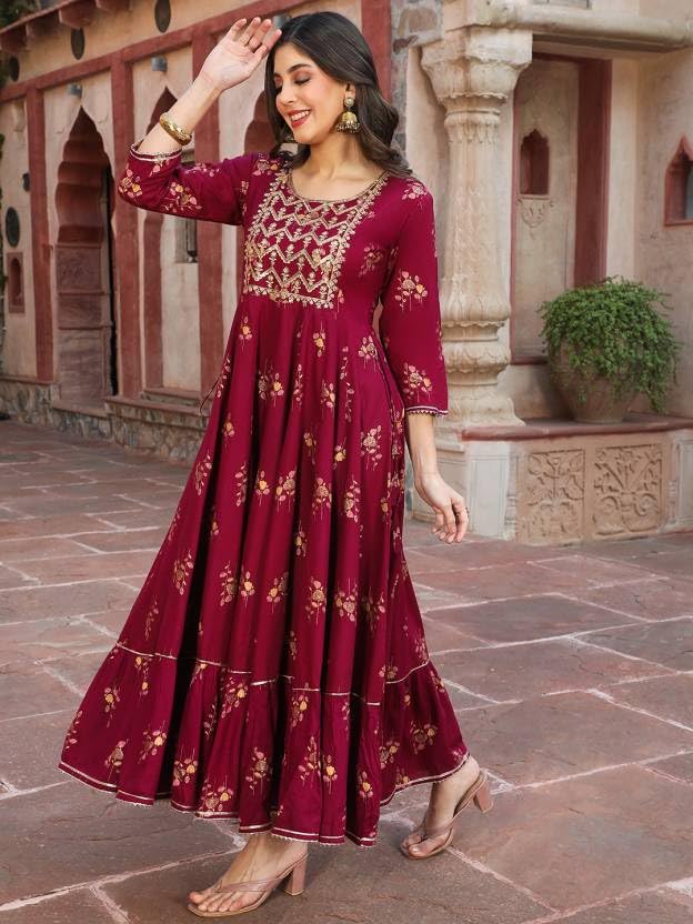 Beautiful Trending & Pretty Long Pink Gown with Beautiful Front Mirror Embroidery and Floral Print for Women's and Girls