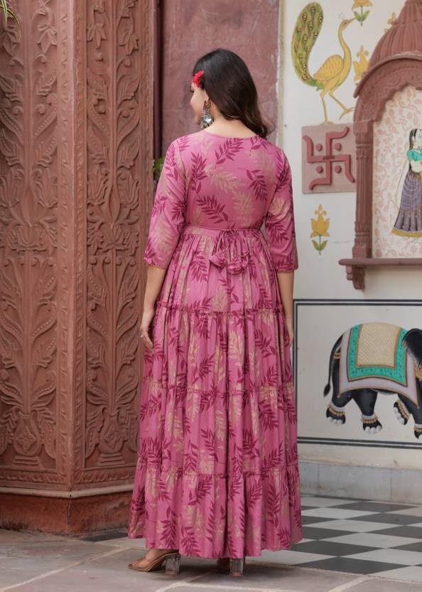 Beautiful Trending & Pretty Long Pink Gown with Beautiful Front Mirror Embroidery and Floral Print for Women's and Girls