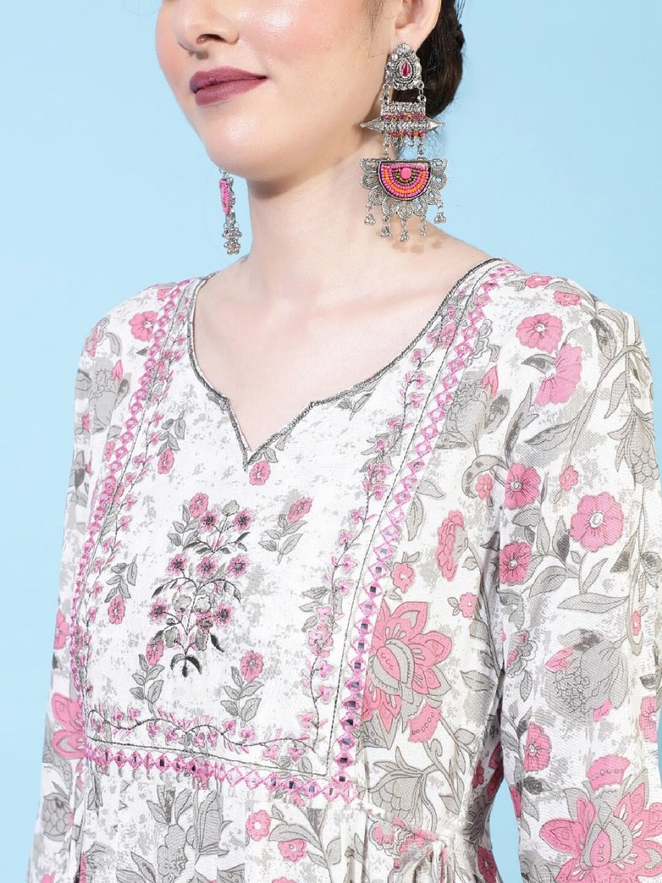 Beautiful Trending & Pretty Long Pink Gown with Beautiful Front Mirror Embroidery and Floral Print for Women's and Girls