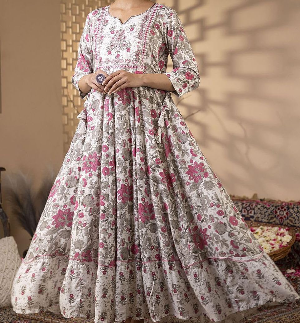 Beautiful Trending & Pretty Long Pink Gown with Beautiful Front Mirror Embroidery and Floral Print for Women's and Girls