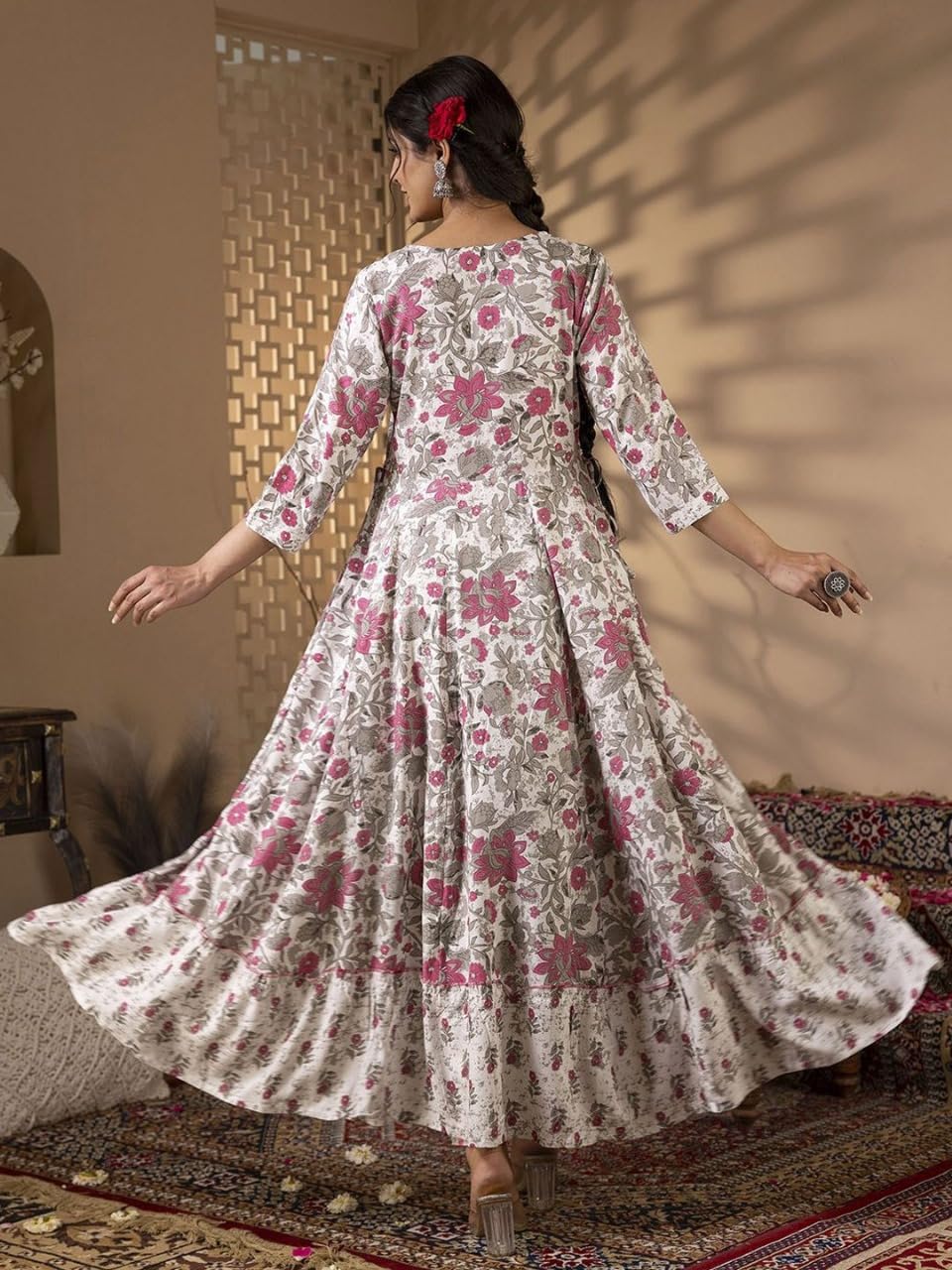 Beautiful Trending & Pretty Long Pink Gown with Beautiful Front Mirror Embroidery and Floral Print for Women's and Girls