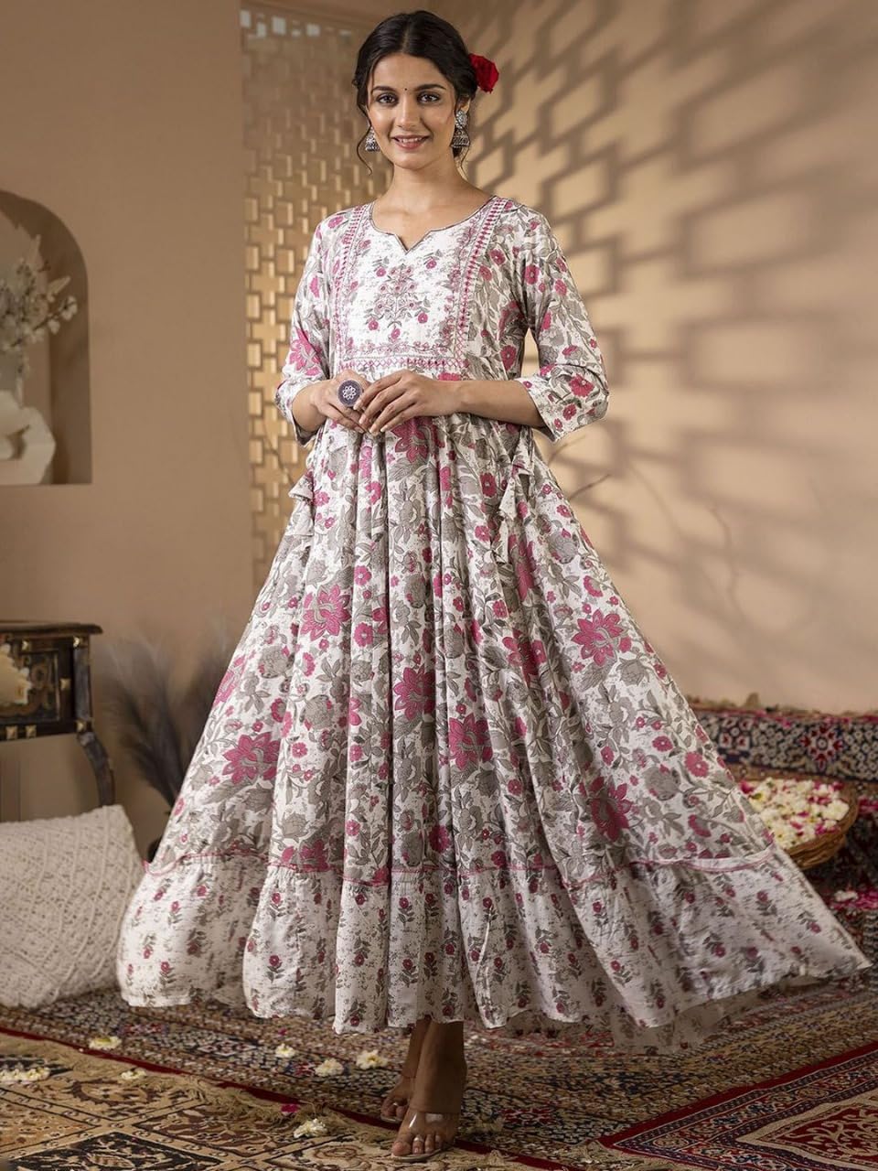 Beautiful Trending & Pretty Long Pink Gown with Beautiful Front Mirror Embroidery and Floral Print for Women's and Girls