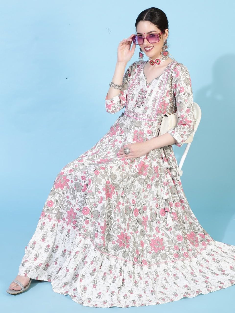 Beautiful Trending & Pretty Long Pink Gown with Beautiful Front Mirror Embroidery and Floral Print for Women's and Girls